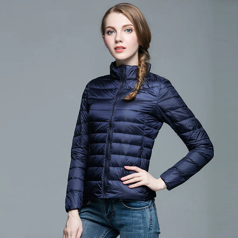 Parka para baixo empacotável feminina, jaqueta puffer empacotável, casaco casual com gola alta, leve, resistente à água, curta, nova moda, 2023