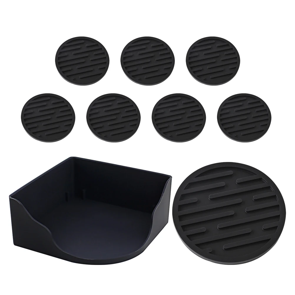 

8pcs Coaster Set Black Cup Mats Nonslip Silicone Hot Pads Kitchen Desk Accessories Storage Box Round Shape Table Protection