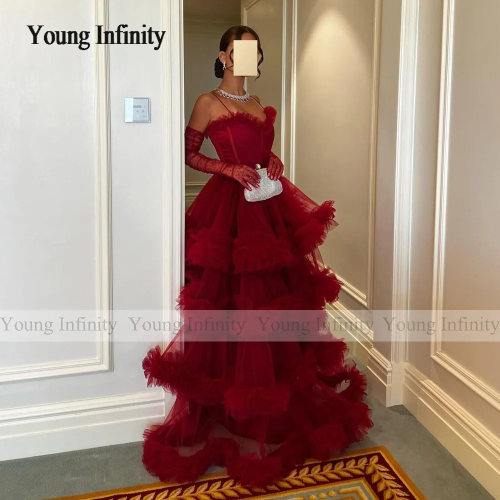 In Fashion Strapless Wine Red A Line Prom Dress 2024 Layers Ruffle Woman Long Evening Party Gown Saudi Arabia Custom Made Lady