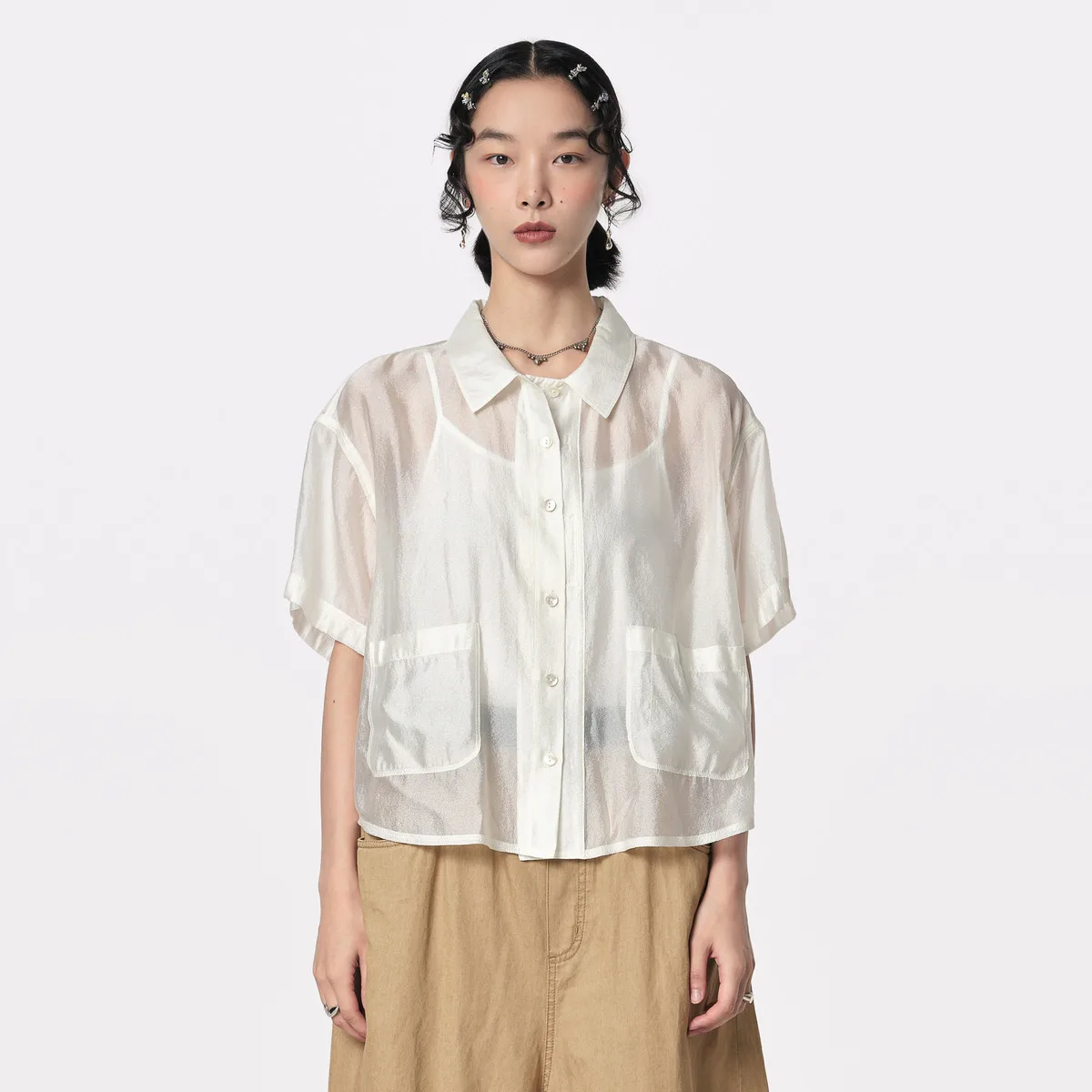 

Рубашка MOVEUP с коротким рукавом, летняя новинка 2026, легкая, дышащая, с карманами, свободного кроя, для женщин, 124220444