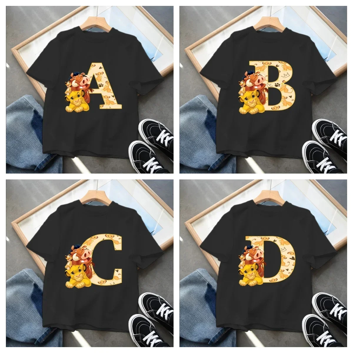 2025 Lion King Boys T-shirt Letter A-Z Disney Simba Pumbaa Print Tee Shirt Cute Cartoon Kids Child's Streetwear Casual Clothes