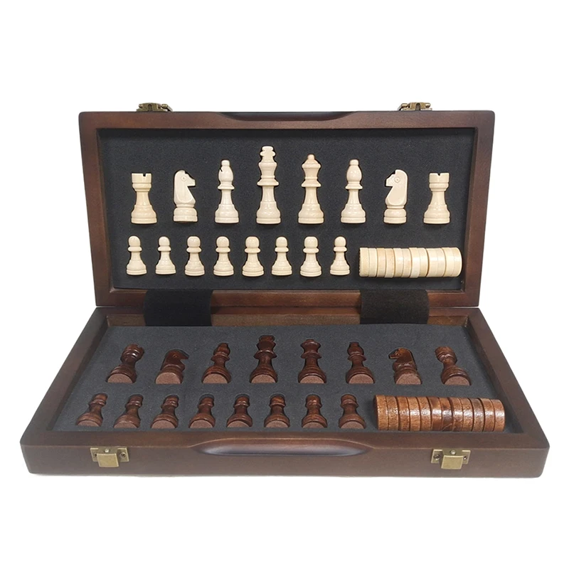 

2 in 1 Checkers Chess Set Solid Wood Board Game Portable Foldable Chessboard Children International Chess Family Table Games