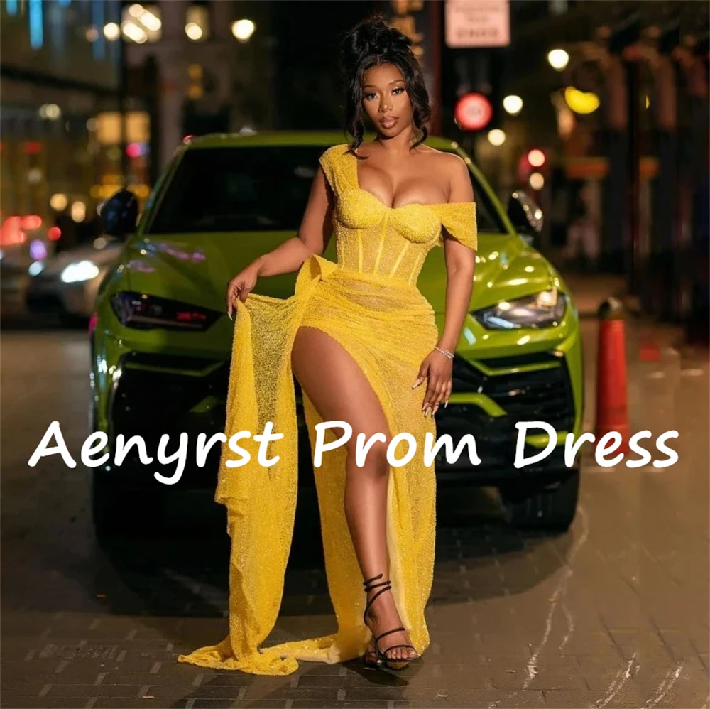 Aenyrst-Vestidos de Fiesta de sirena con lentejuelas para mujer, traje de noche con abertura lateral alta, largo hasta el suelo, brillante, color amarillo