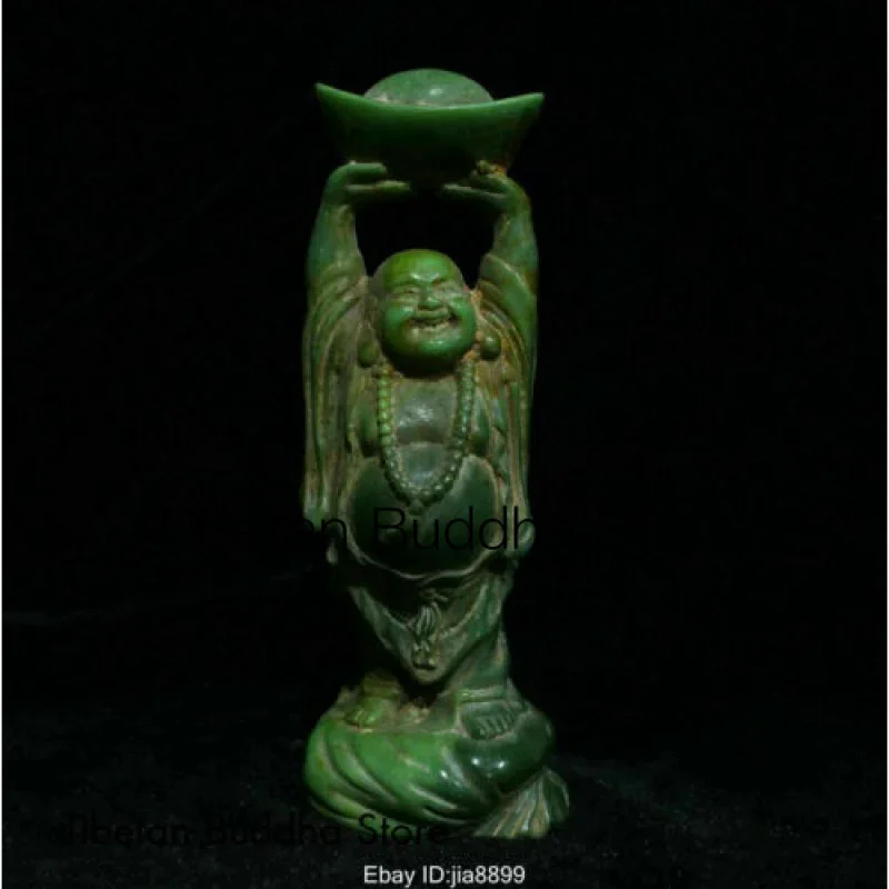 

Old Chinese Natural Green Jade Carving Wealth Happy Laugh Maitreya Buddha Statue