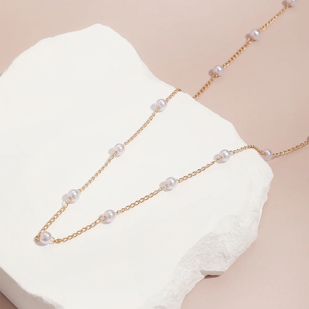 1Pcs New Jewelry Fashion Imitation Faux Pearl Clavicle Chain Choker Simple Design Metal Beaded Hollow-out Women\'s Decor Necklace