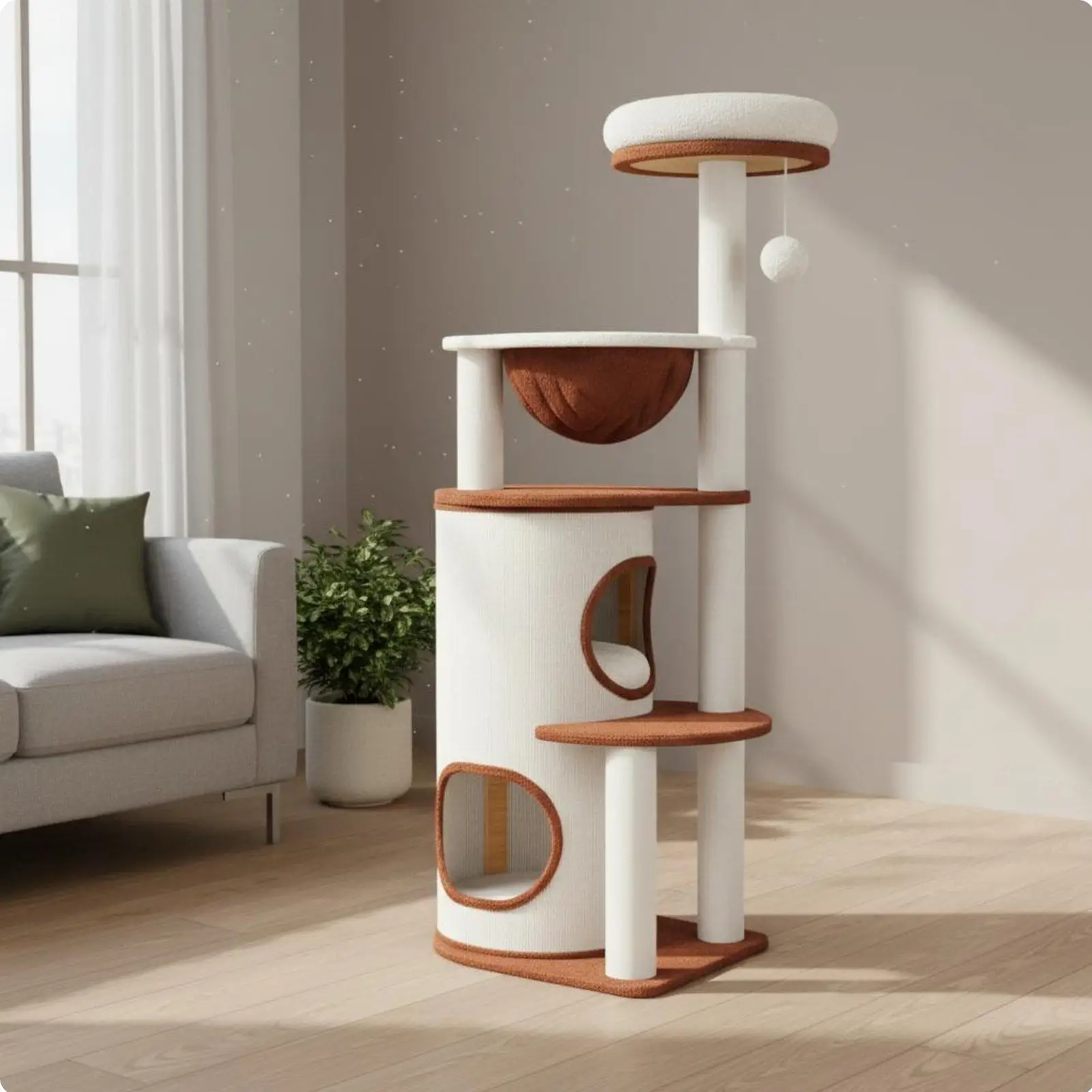 Cat Activity Center Wooden Cat Tree with Dangling Toy and Flower Cushion for Kittens Climbing Playing Resting Indoor