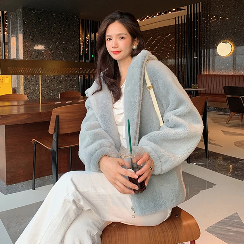 Women Hooded Lamb Hair Jacket Autumn And Winter Casual High Quality Oversized Solid Color Sheep Fur Zipper Ladies Outerwear