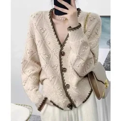 Chic jacquard 100% cashmere knit cardigan Women's autumn/winter lazy V-neck sweater Loose wool coat