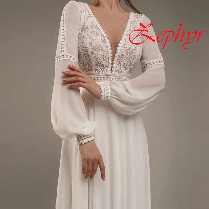 Vestido De Novia De manga larga con cuello en V De gasa blanca personalizado, vestidos De Novia De temperamento suave bohemio, Vestido De Novia De encaje, tren De barrido
