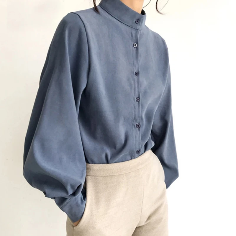 

Big Lantern Sleeve Shirt Women Fall Single Breasted Stand Collar Button Up Shirt Office Work Solid Casual White Female Top