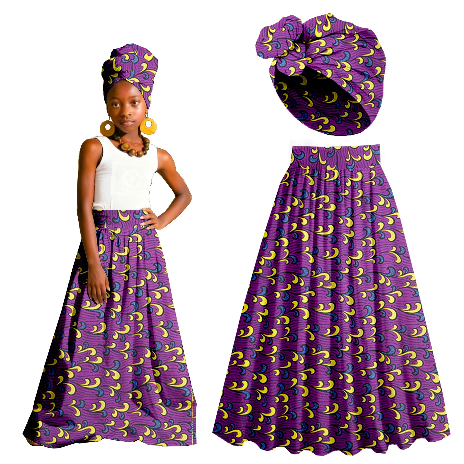 تنانير Bayby Girl ملابس أفريقية مطبوعة فستان ماكسي Dashiki Anakra ملابس للأطفال مع غطاء للرأس