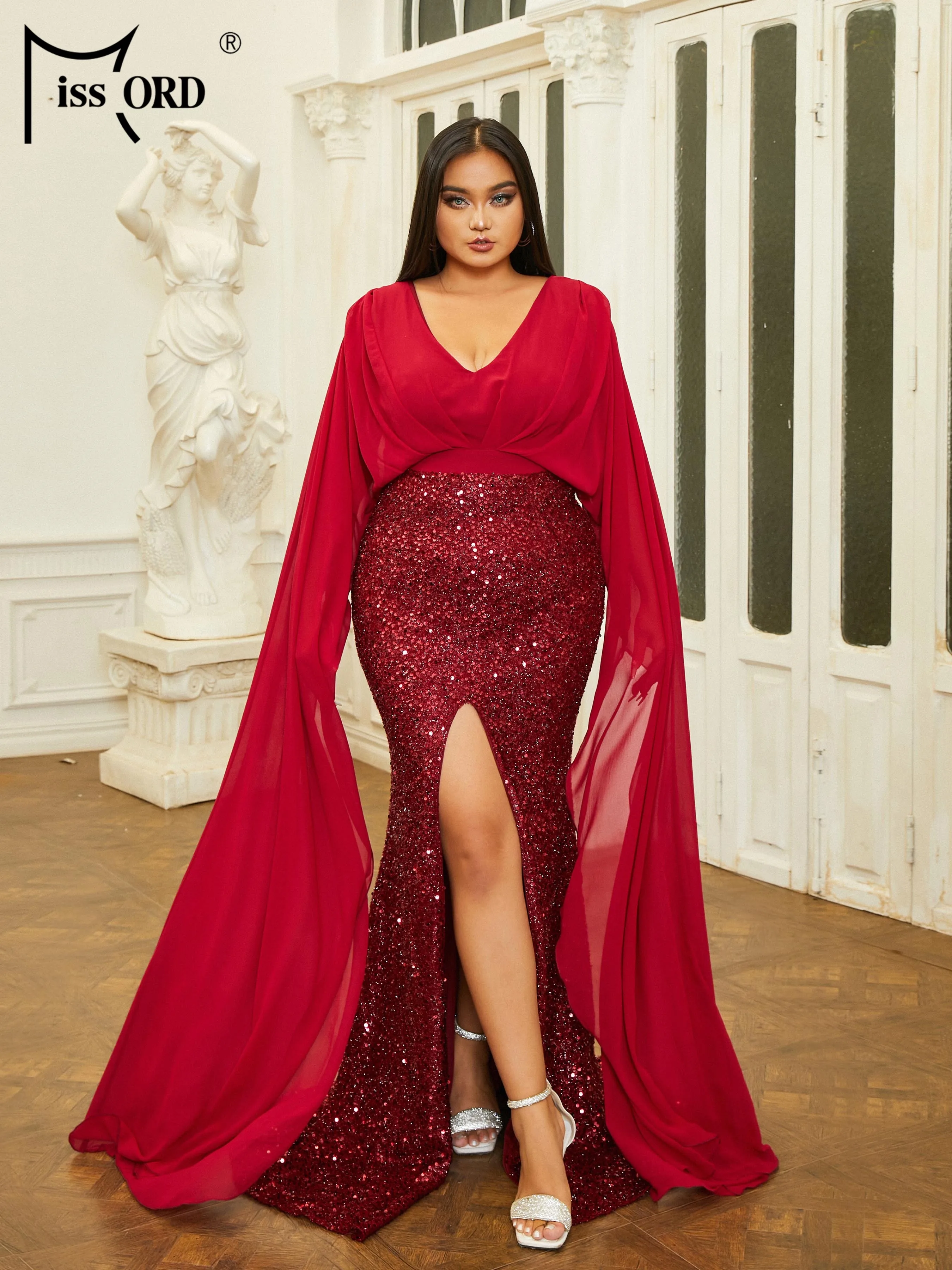 Missord Plus Size New V Neck Panel Sequin Long Sleeve Burgundy Evening Prom Party Formal Occasion Dresses