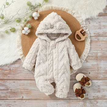Baby Boys Winter Long Sleeve Soild Plush Hoodie Zipper Fashion Jumpsuit For Newborn Warm…