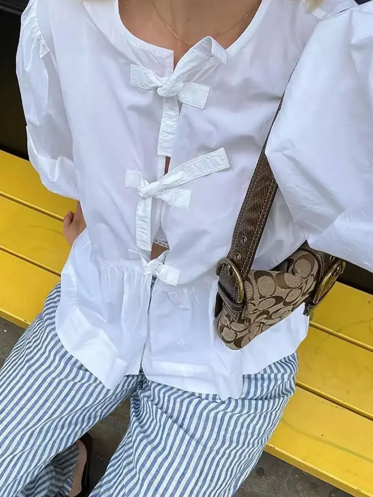 HH 2024 Summer Trendy Causal Solid Color Shirts Round Neck Short Puff Sleeves Hollow Out Lace Up Elegant Tops Chic Blouse
