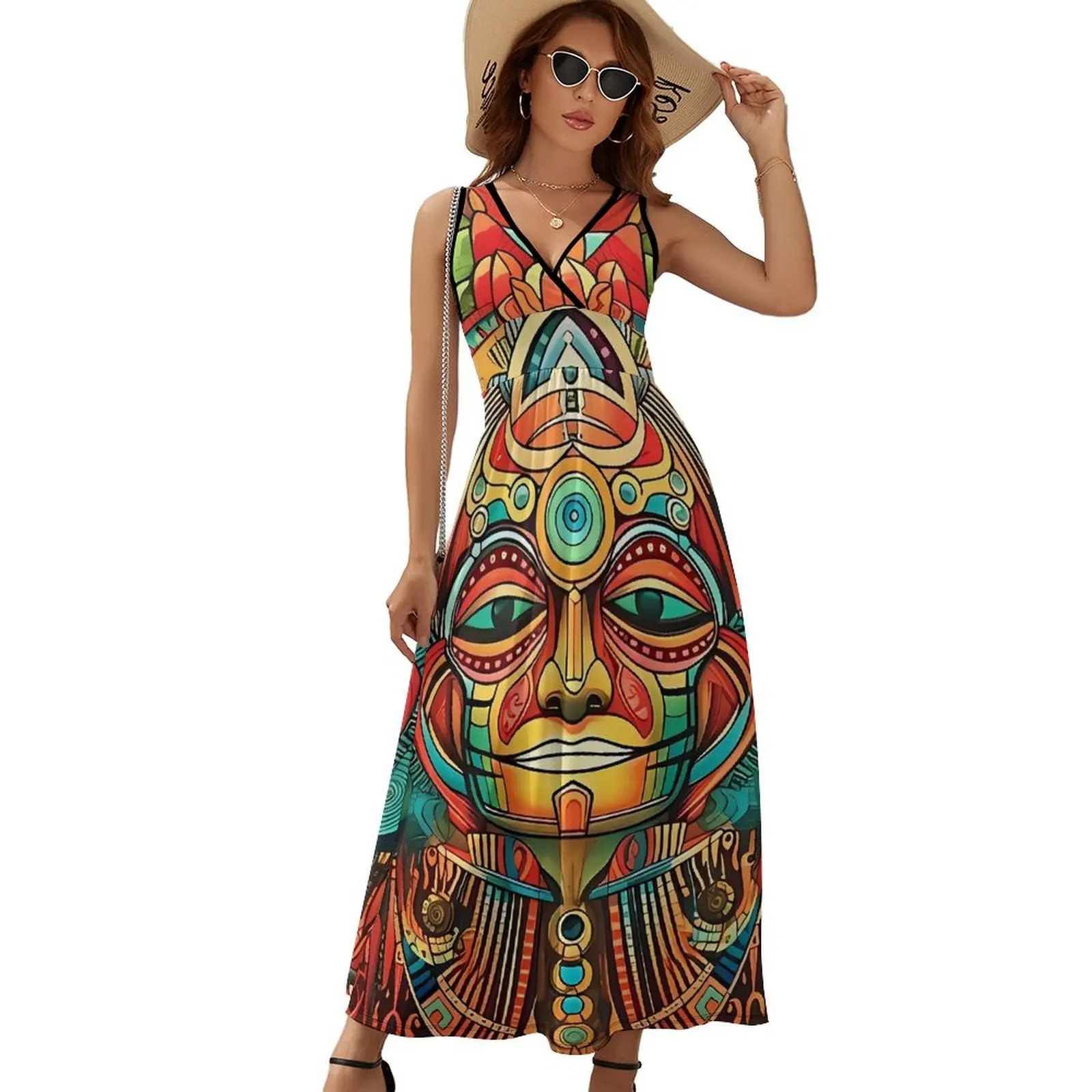 Abstract Aztec Art Dress Women  Elegant Maxi Dress V Neck High Waist Casual Custom Bohemia Long Dresses