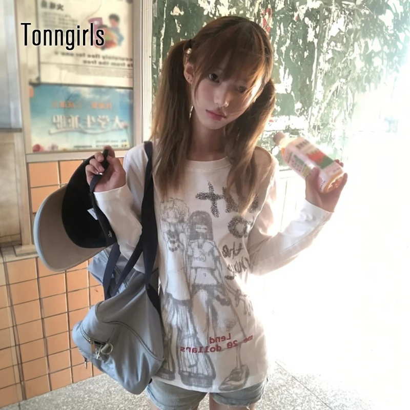 Tonngirls Y2k Japanses Graphic Tops Women Long Sleeve Print T-shirt Streetwear American Retro Vintage Tops Tee Aesthetic 2000s