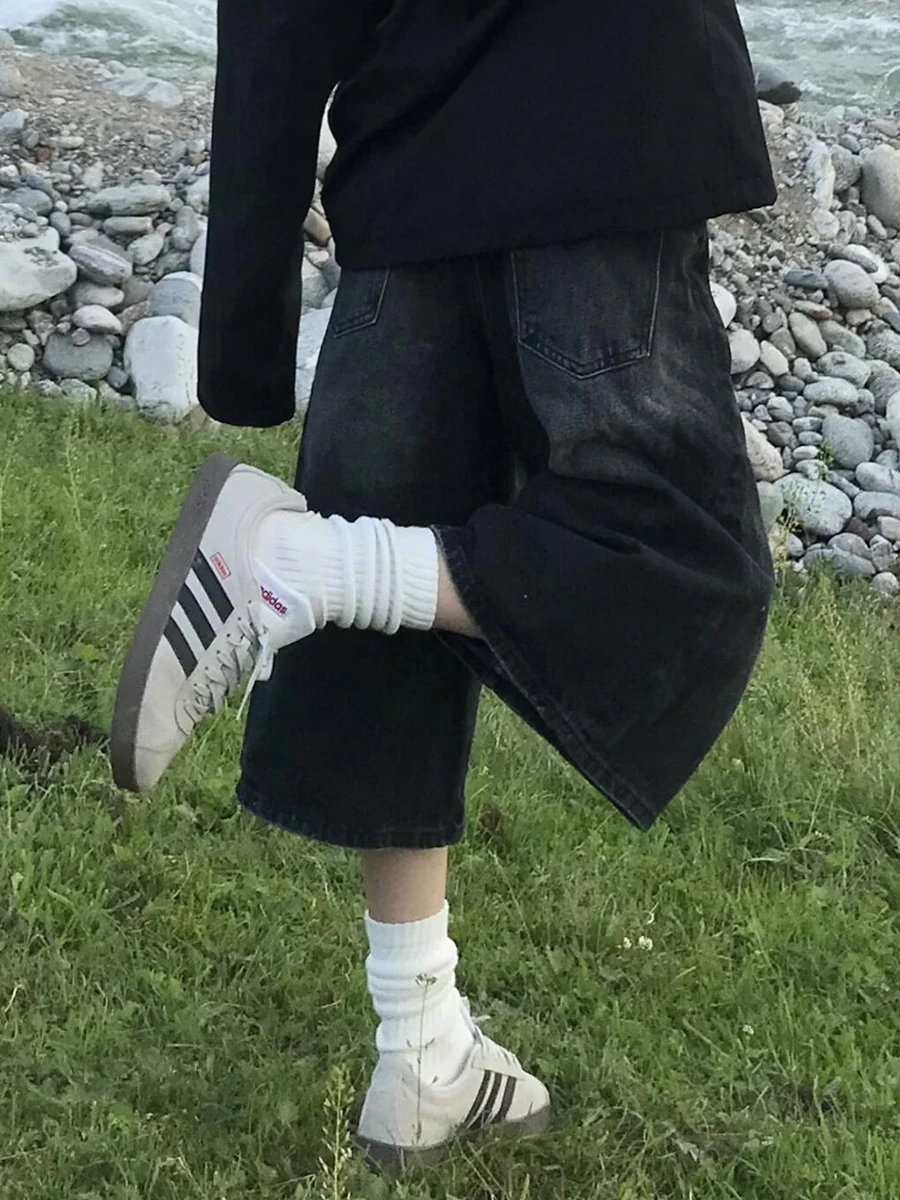 PBAP Do النساء المسنات واسعة الساق الدنيم السراويل كبيرة الحجم منخفضة الخصر الأسود غسلها المتوترة شعيرات فضفاض الجينز الجورت ملابس خمر غير رسمية #5