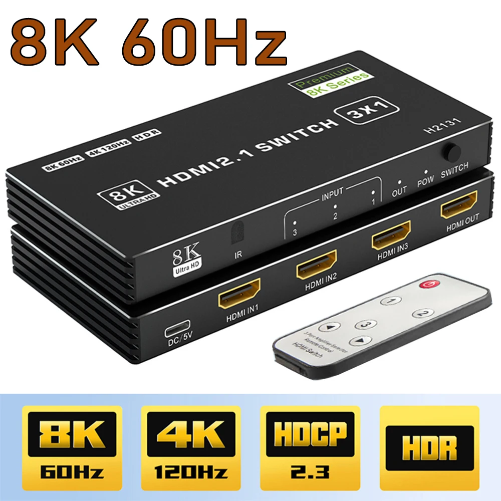 Conmutador AV 3x1 HDMI 2,1, salida 3 en 1, HDR10, 8K, 60HZ, HDMI 2,0, Audio y vídeo, 4K, 60HZ, divisor HDCP para PS5 y Xbox