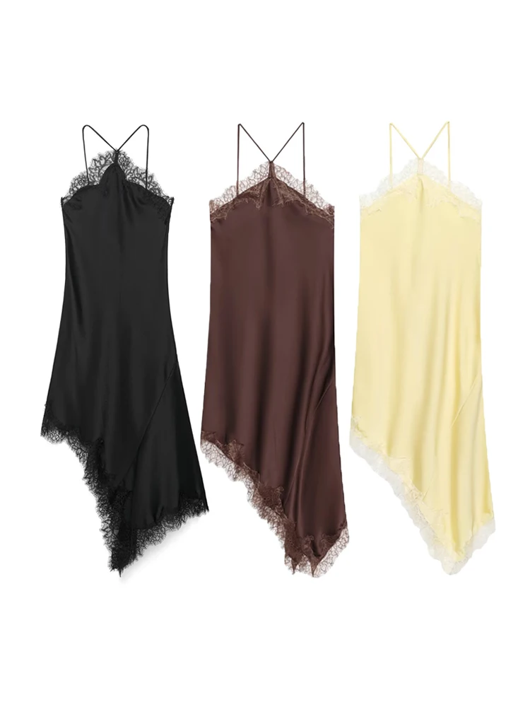 Vestido asimétrico para Mujer, cuello Halter, tirantes finos, encaje, moda femenina, Vestidos para Mujer