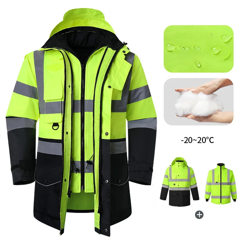EN20471 ANSI 107 Class III Safety Reflective Jacket Men's 7 In 1 Winter Parka Jacket Waterproof Windproof Cold-proof