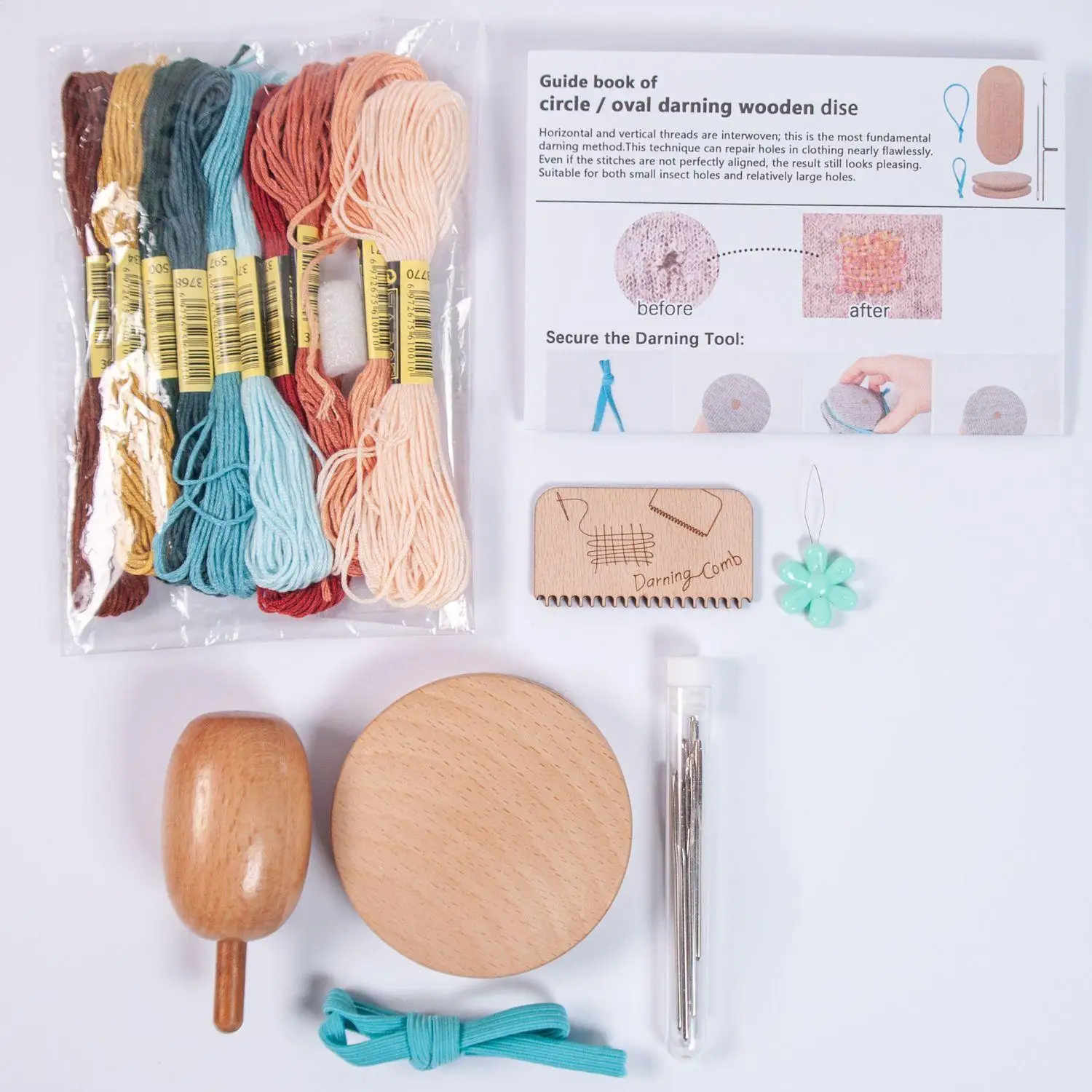 

Darning Kit Mending Disc With 9 Needles Darning Egg With Threader And With 10 Colors Sewing Threads For Adults Clothes Sweater