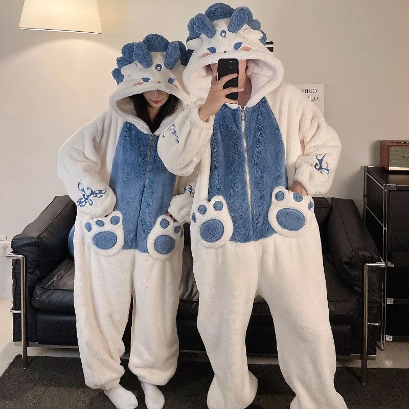 Cute Coral Fleece Pajamas Couples Women Men Cartoon Dinosaur Onesie Sleepwear Hooded Soft Zipper Homewear Nightclothes Jumpsuits