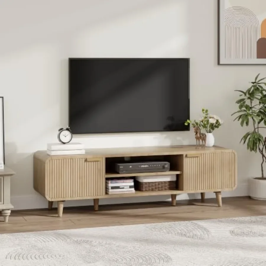 Mid-Century Modern TV Stand Media Console for living room, solid wood, walnut finish, sleek tapered legs and concealed storage