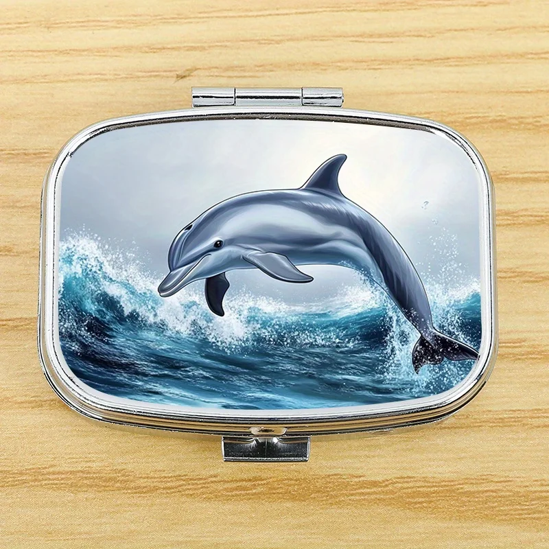 Single pack, dolphin pattern portable box, square box, vitamin storage box, vintage metal storage box, metal jewelry box, easy to carry, used for storing vitamins and pills, flat print
