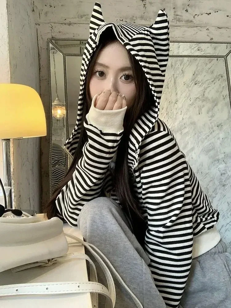 Sudadera con capucha de diablo a rayas para Mujer, ropa Kawaii, Sudadera estética para Mujer, Sudadera gótica Harajuku con cremallera, chaqueta Y2k