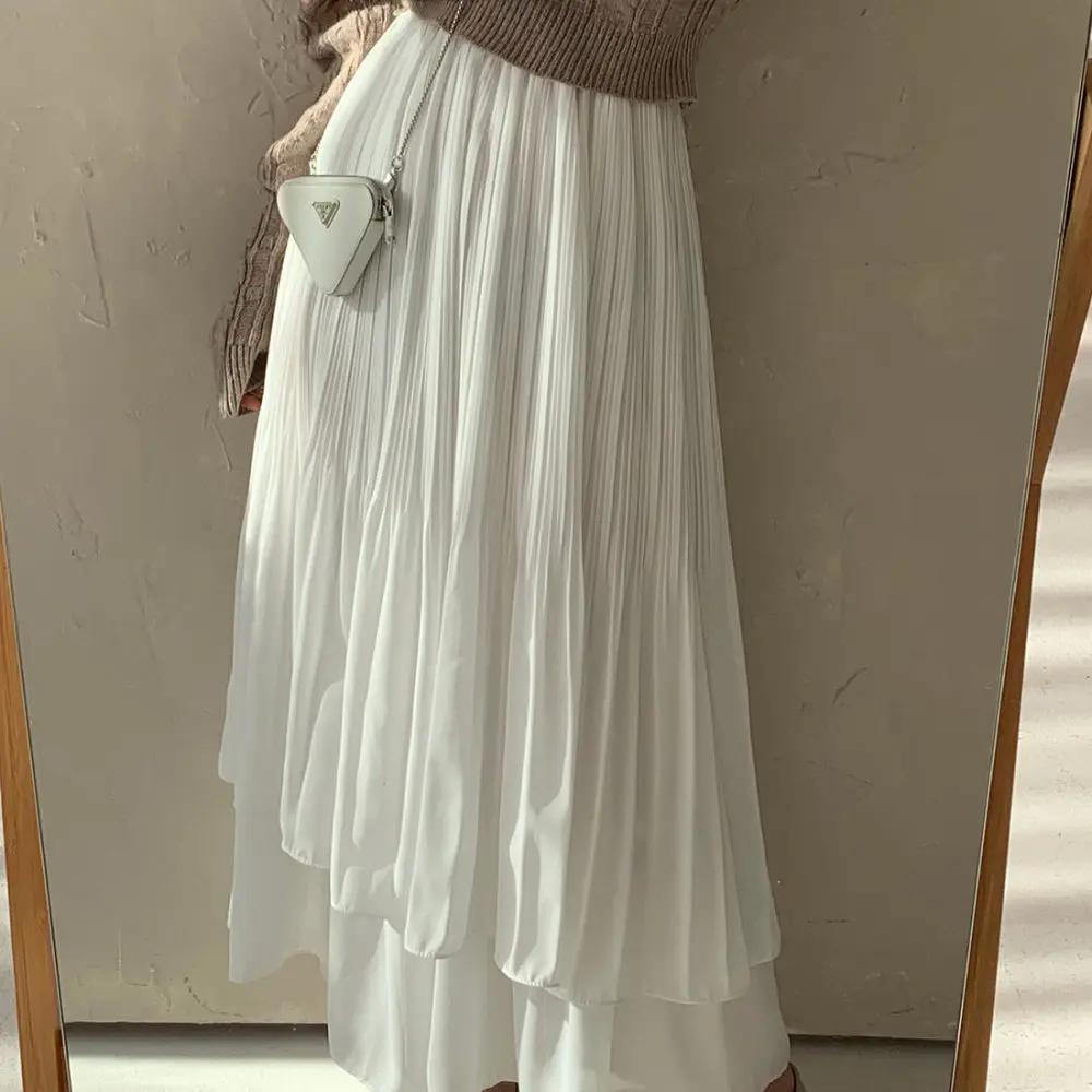 Women\'s Summer Basics Long Pleated Chiffon Skirts Double Layers Large Hem Maxi Half Skirt Female 2024