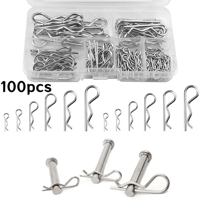 

6-Size Mechanical Pin Kit (R-Clip/Lock Pin/Split Pin/Tractor Clip) 100pcs｜Carbon Steel Durable｜For Farm/Industrial Repair