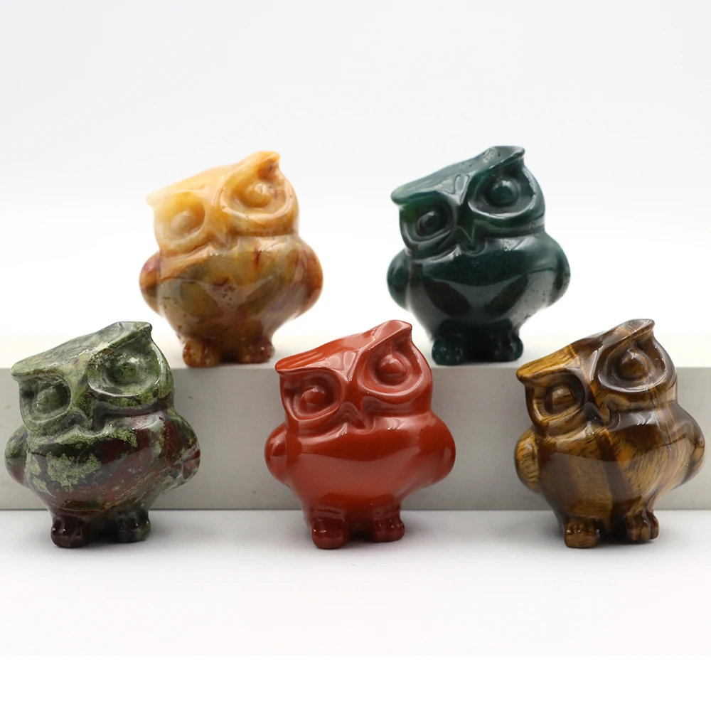 

40mm Owl Statue Natural Jade Agate Obsidian Crystal Stone Carving Healing Animal Figurine Home Decoration Crafts Gifts Wholesale