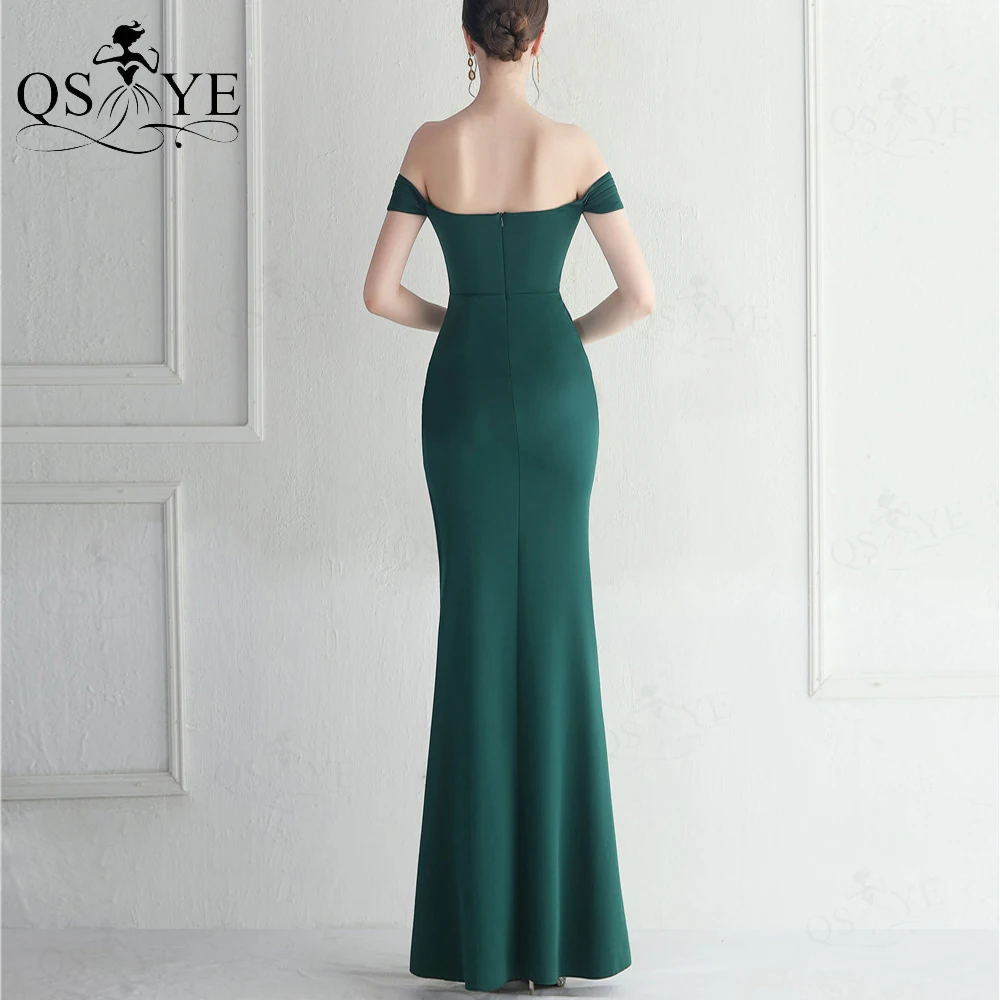 Vestido de baile longo verde com corpete Ruched, Off-Ombro, Sexy Split Party Gown, Stretch Satin Bainha, vestido de noite formal, dama de honra