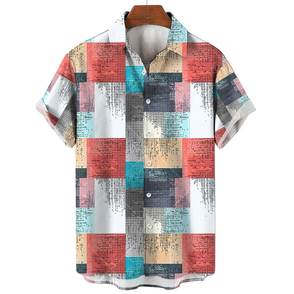 Checkered Stripe Shirt Men's Casual Short Sleeved Top Summer Hawaiian Shirts For Male Oversized Streetwear Original Men Clothing