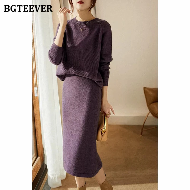

BGTEEVER повседневный однотонный женский свитер, комплект с юбкой, пуловеры с длинными рукавами и юбки с эластичной резинкой на талии, осенне-зимние вязаные спортивные костюмы Fema