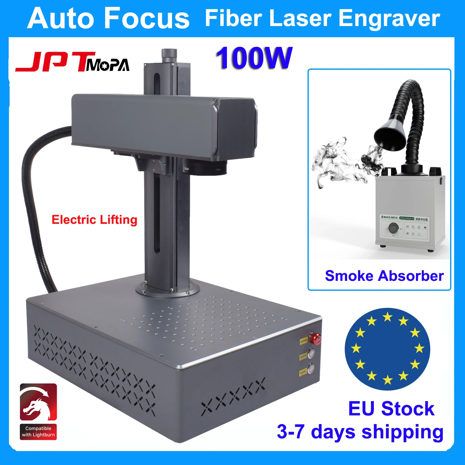 Auto Focus 100W JPT Mopa Fiber Laser Marking Machine with Laser Smoke Extractor Purifier Fiber Laser Cutting Engraving All Metal