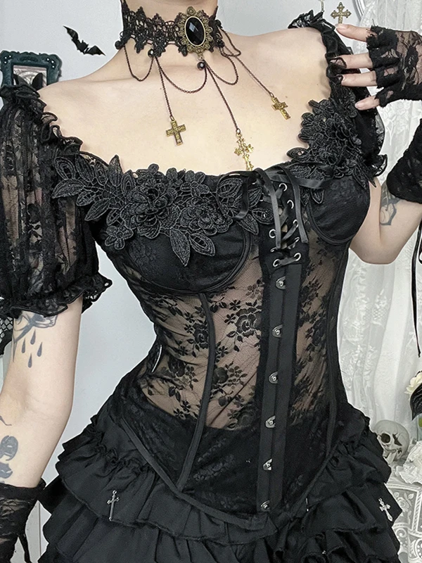 

Gothic Lace Black Short Bubble Sleeve Top See-through Transparent Hot Girl Florals Embroid Sexy Off SHoulder Blouse Shirt Summer