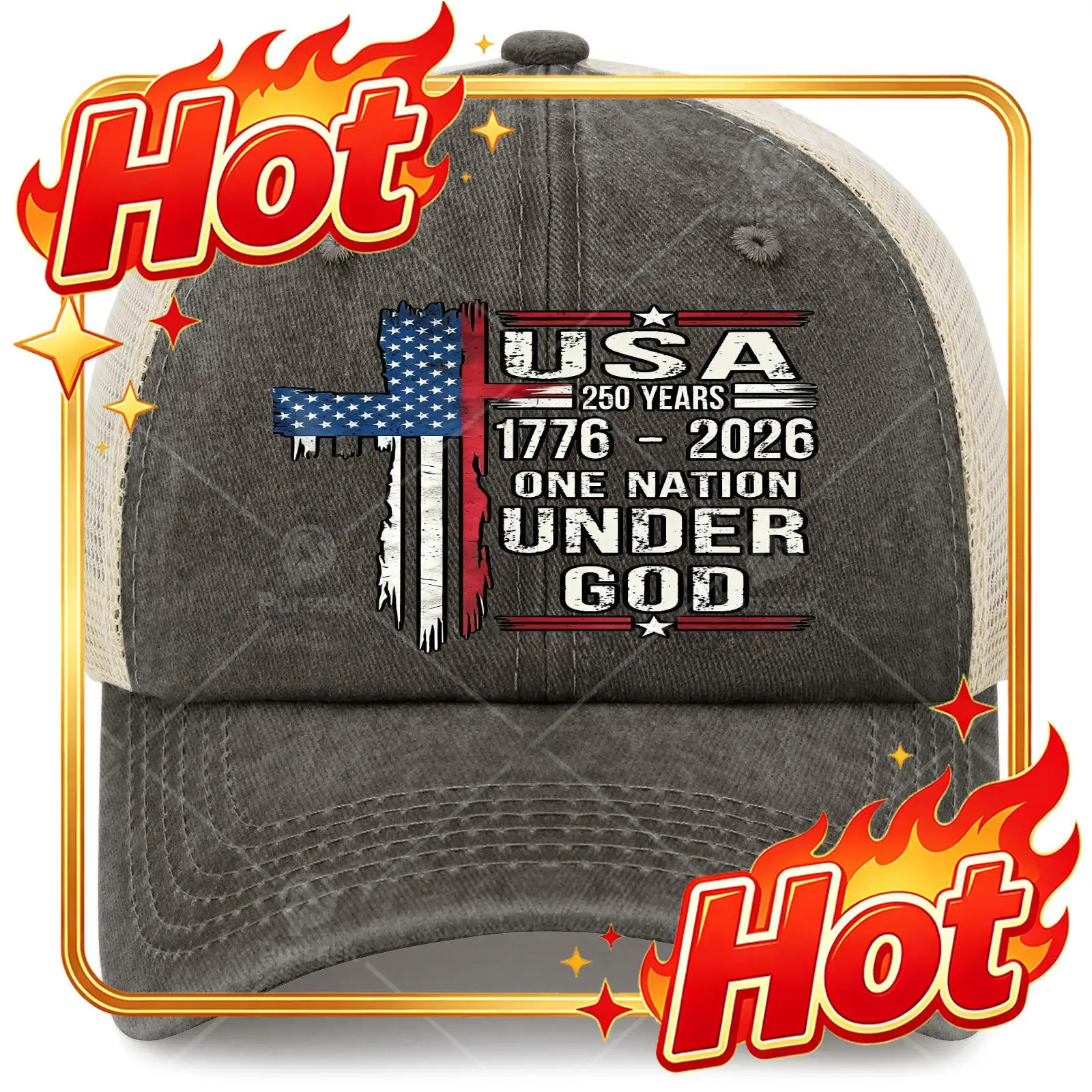 Custom Hats US 250 Years One Nation Under God 1776 2026 Patriots Trucker Hat Unisex Sun