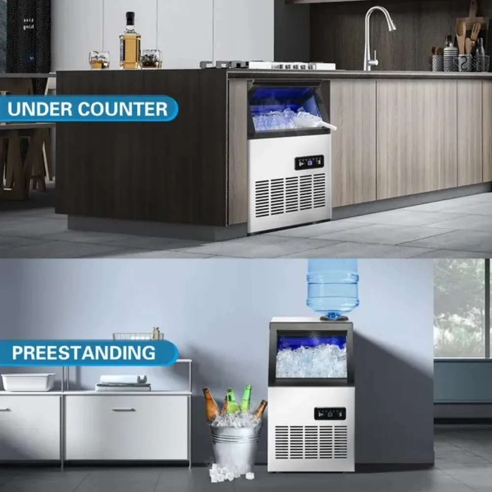 Commercial Ice Maker Machine Under Counter Ice Maker SS Freestanding Ice Machine Self-CleaningIdeal for Restaurant Home Bar
