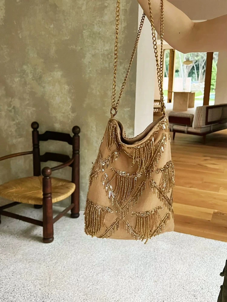 

New Chinese Style Bags 2025 Summer New Fashion Sequin Tassel Design Single Shoulder Crossbody Women's Bag