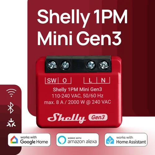 Shelly 1PM Mini Gen3 WiFi interruptor inteligente 8A Compatible con materia monitoreo de energía preciso y medición operado a través de Control inteligente