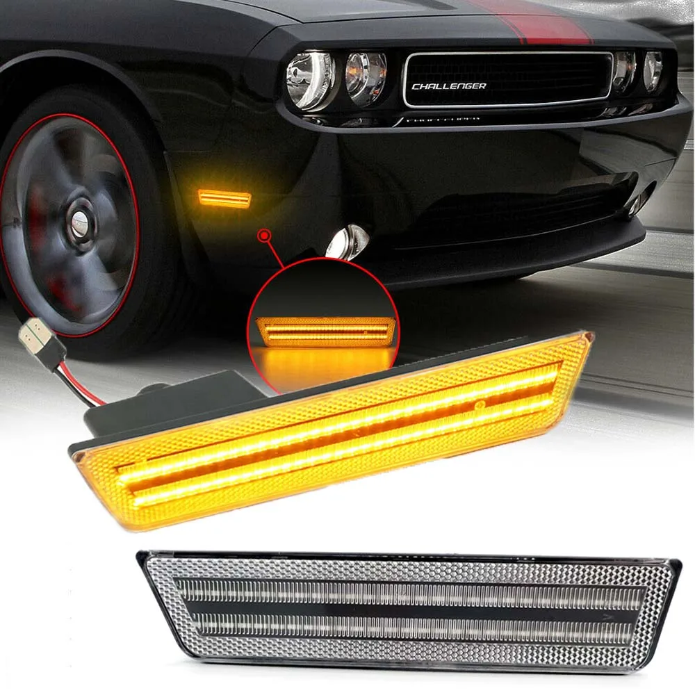 Clear Lens Front Side Marker Lamps with 36-SMD Amber LED Lights For 2008-2014 Dodge Challenger, 2011-2014 Dodge Charger