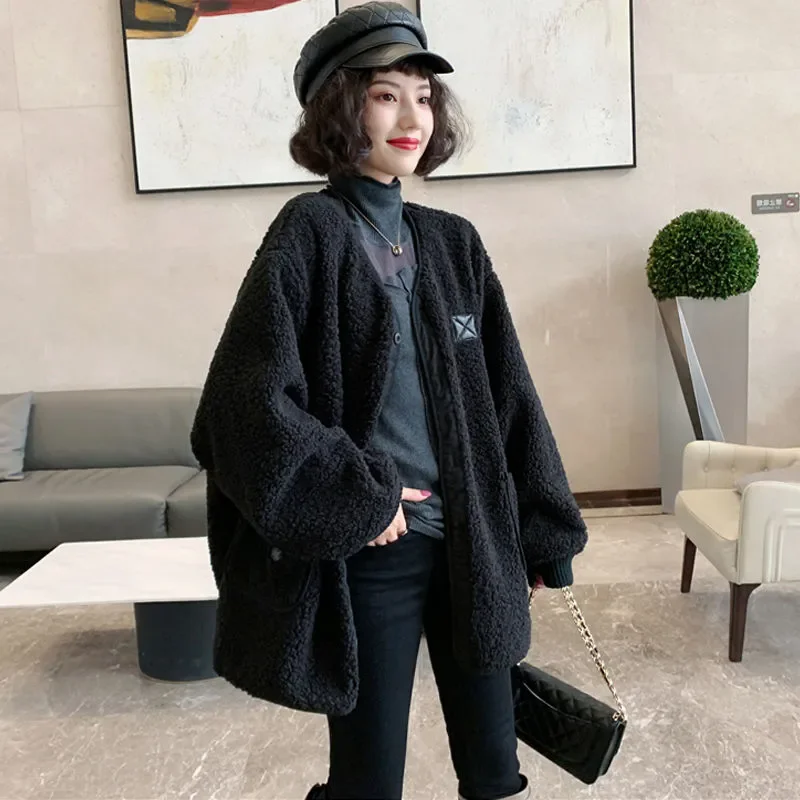 Casaco para mulher retro imitatio lã de cordeiro emenda solta manga comprida casual topo preguiçoso estilo solto exterior usar pequeno estilo fragrância