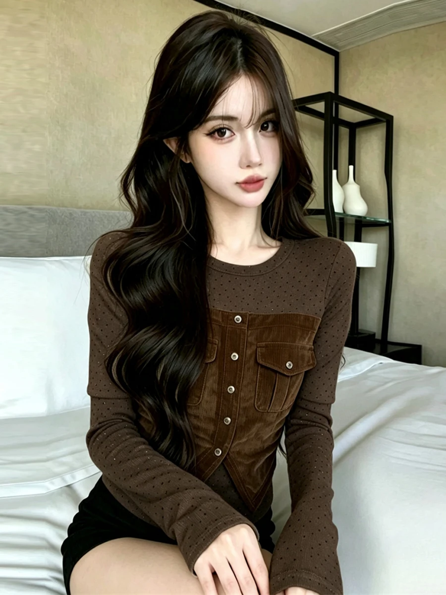 Early Autumn New Vintage Girl Feeling round Neck Long Sleeve Polka Dot Splicing Suede Fake Two Piece Design Sense T Shirt Bas...