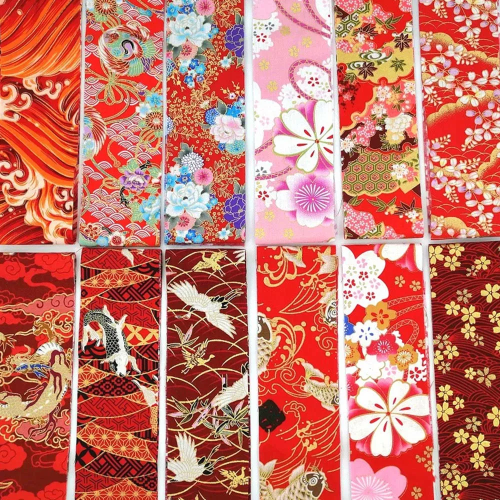 Japanese Strips Fabric 100% Cotton Gilding Printing Cheongsam Cloth for Dress Patchwork DIY Home Textile Material Craft 6.5*25cm