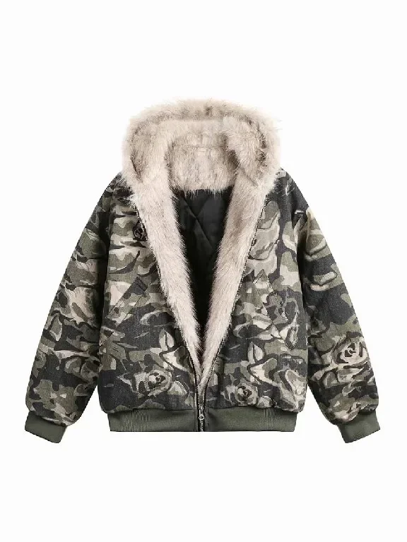 

Men's Coat Winter Camouflage Fur Collar Cotton Padded Coat Women's Thick Warm Parka Jacket Hip Hop Jacket Plus Velvet Hoodie