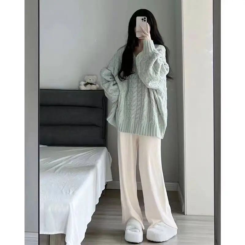 Gentle Tea Style Temperament in Autumn and Winter French Style Small Fragrance Knitted Cardigan and Wide Leg Pants Two-piece Set