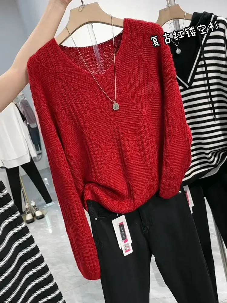 

Retro Red Hollow out Casual Knitwear Women's Spring Autumn New Sle Slimming White Enhancing Commute Simple Top Trendy