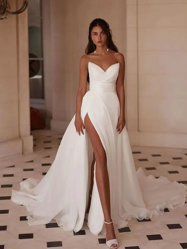 Customized Charming Pleat A Line Organza Wedding Dresses High Slit Formal Bridal Gowns Wedding Photography Wear robe de mariée