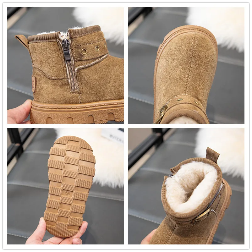 Botas cálidas con forro peludo y peludo suave para niños y niñas, botines de invierno para niños, suela gruesa antideslizante, zapatos de nieve versátiles para niños 2025